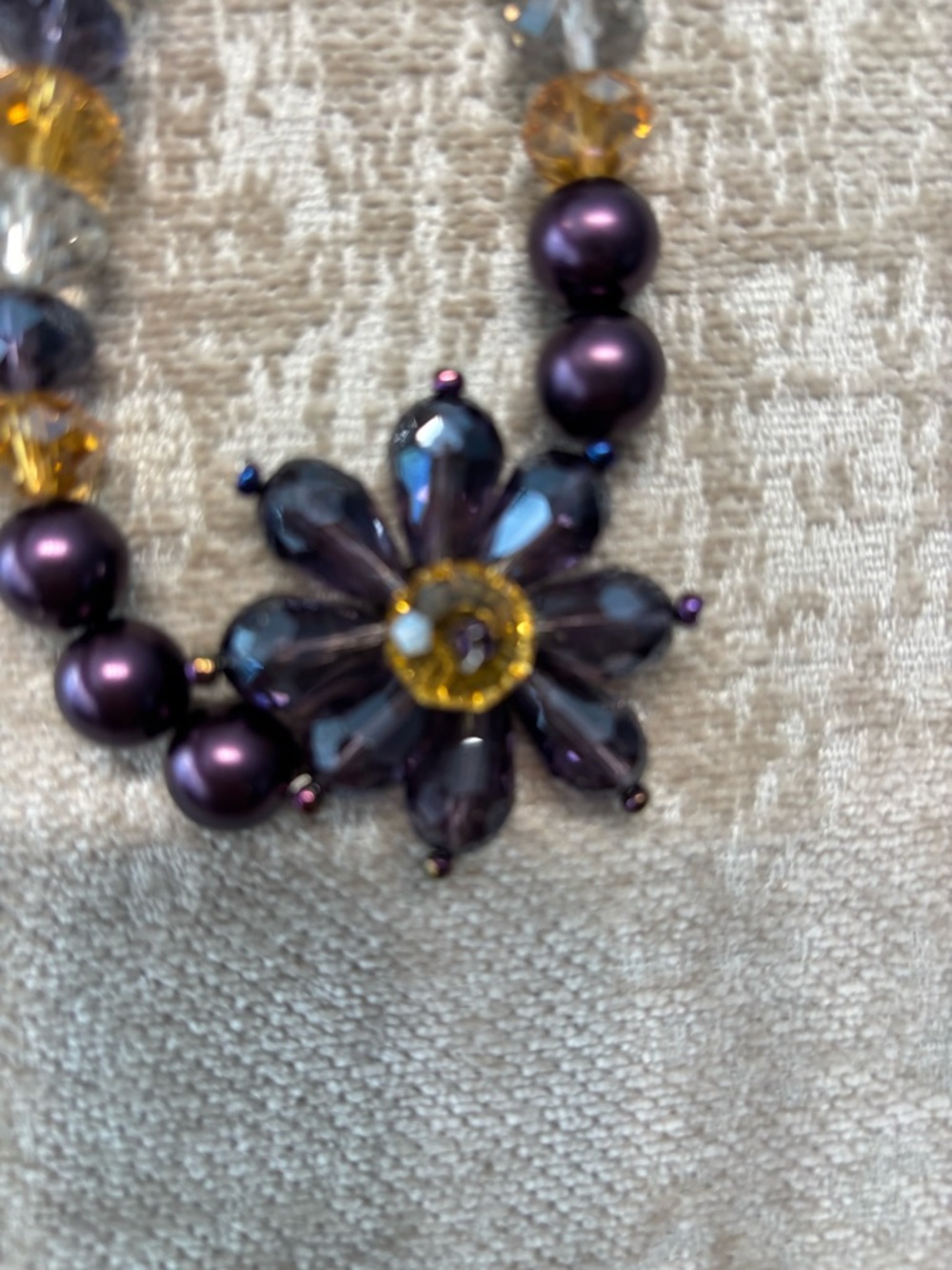 JS Signed Vintage Statement Necklace Purple Pearls Amber Crystal Flower Pendant - Picture 2 of 4